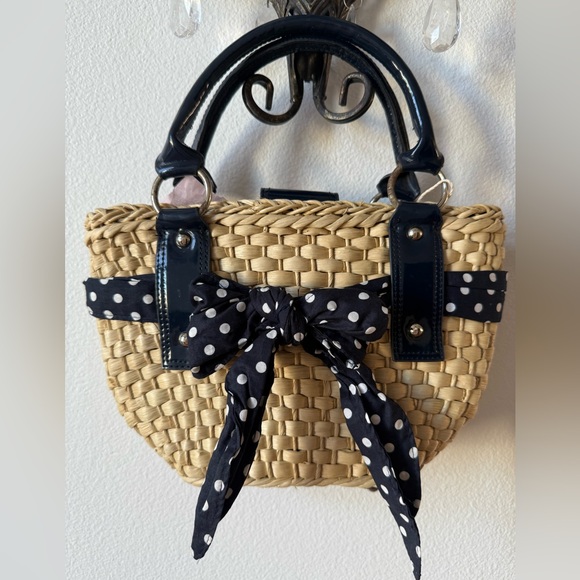 LOFT Handbags - LOFT Ann Taylor Straw Rattan Basket Purse With Blue & White Polka-Dot Bow
